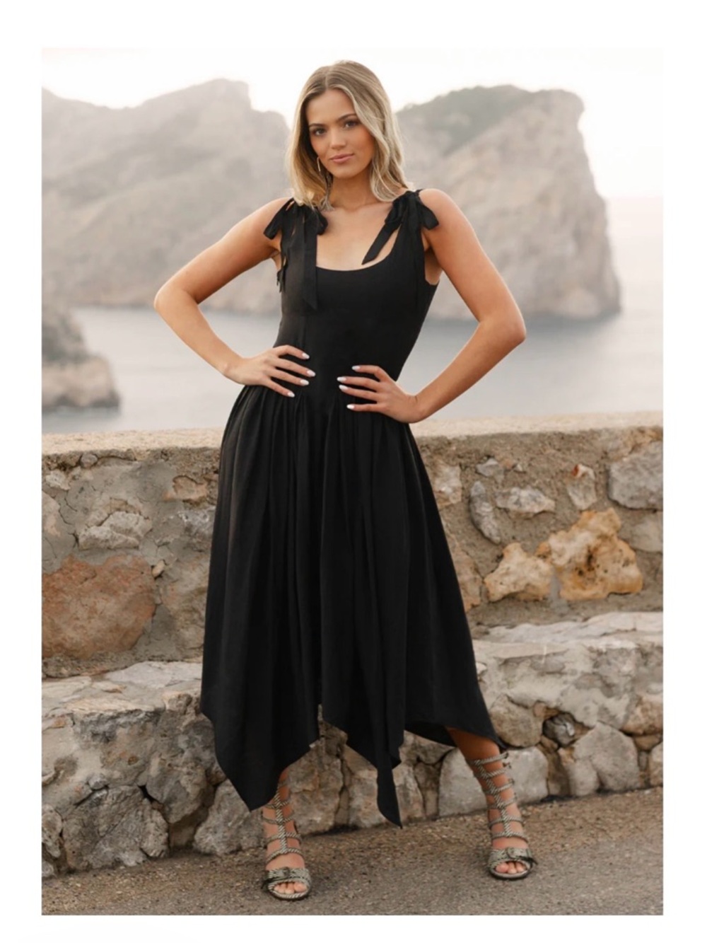 Joyfolie Black Tie-Shoulder Handkerchief Hem Midi Dress